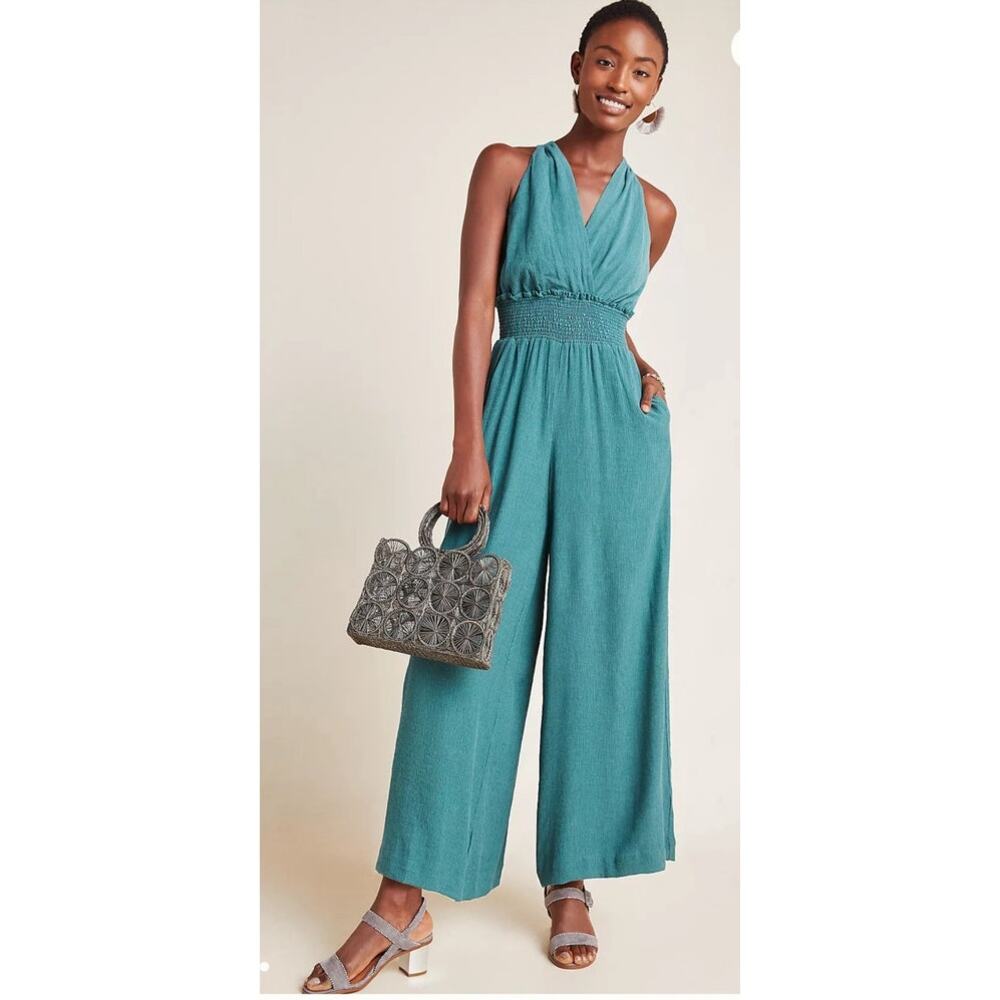 Anthropologie Bionda Plisse Jumpsuit One Piece Size Medium Turquoise